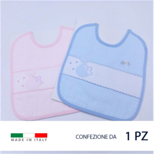 Bavaglino 100% cotone, con base piquet millerighe stampato con motivo pois e bordato con nastro di cotone tagliato in sbieco a colore.