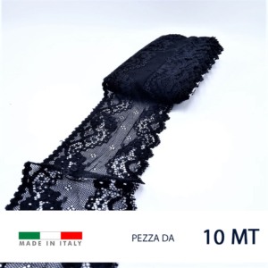 Pizzo raschel elastico con motivo floreale. 80% poliammide e 20% elastam. Prezzo riferito alla confezione da 10 metri. Altezza  5,5 cm circa. Prodotto in Italia.