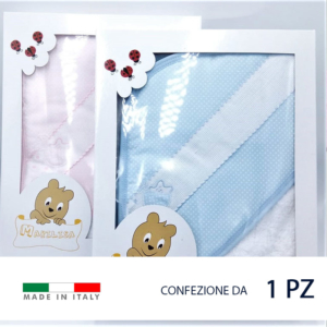 Accappatoio a triangolo da neonato in spugna di cotone 100%, bordato con nastro di cotone tagliato in sbieco a colore.
