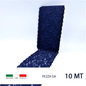 Pizzo raschel elastico con motivo floreale. 80% poliammide e 20% elastam. Prezzo riferito alla confezione da 10 metri. Altezza  5,5 cm circa. Prodotto in Italia.