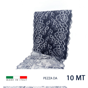 Pizzo raschel elastico con motivo floreale lurex. 80% poliammide e 20% elastam. Prezzo riferito alla confezione da 10 metri. Altezza 18 cm circa. Prodotto in Italia.