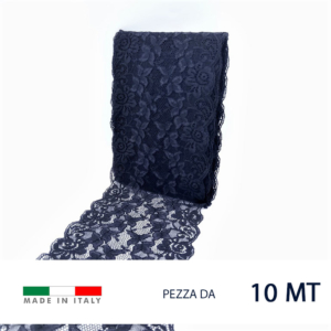 Pizzo raschel elastico con motivo floreale. 80% poliammide e 20% elastam. Prezzo riferito alla confezione da 10 metri. Altezza  5,5 cm circa. Prodotto in Italia.