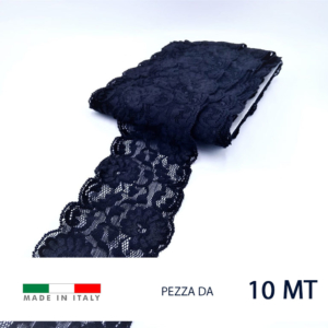 Pizzo raschel elastico con motivo floreale. 80% poliammide e 20% elastam. Prezzo riferito alla confezione da 10 metri. Altezza  7 cm circa. Prodotto in Italia.