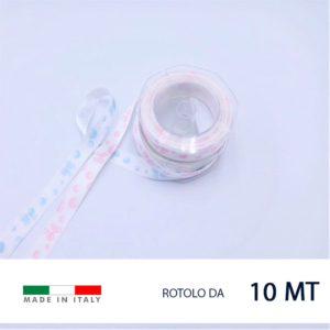 Nastro in raso di poliestere stampato a motivo cuori. Altezza 2,5 cm. Prezzo riferito al rotolo da 10 metri. Ideale per la decorazione di torte o bomboniere. Prodotto in Italia.