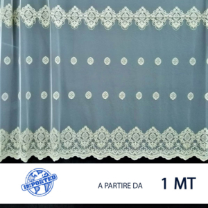 Tessuto per tendaggi in tulle panna ricamato a rebrodè, 100% poliestere.