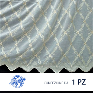Tessuto per tendaggi in lino panna ricamato di poliestere 100%.