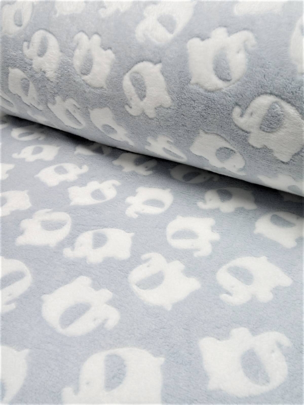 Tessuto per plaid in 100% poliestere stampato con fantasia elefantino, 240 gr/m², altezza 158/160 cm