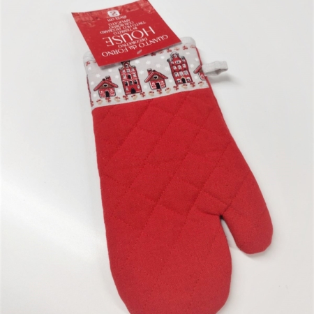 Guanto da forno in tessuto 100% cotone tinto in filo Jacquard, con bordo stampato applicato