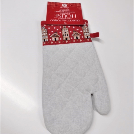 Guanto da forno in tessuto 100% cotone tinto in filo Jacquard, con bordo stampato applicato